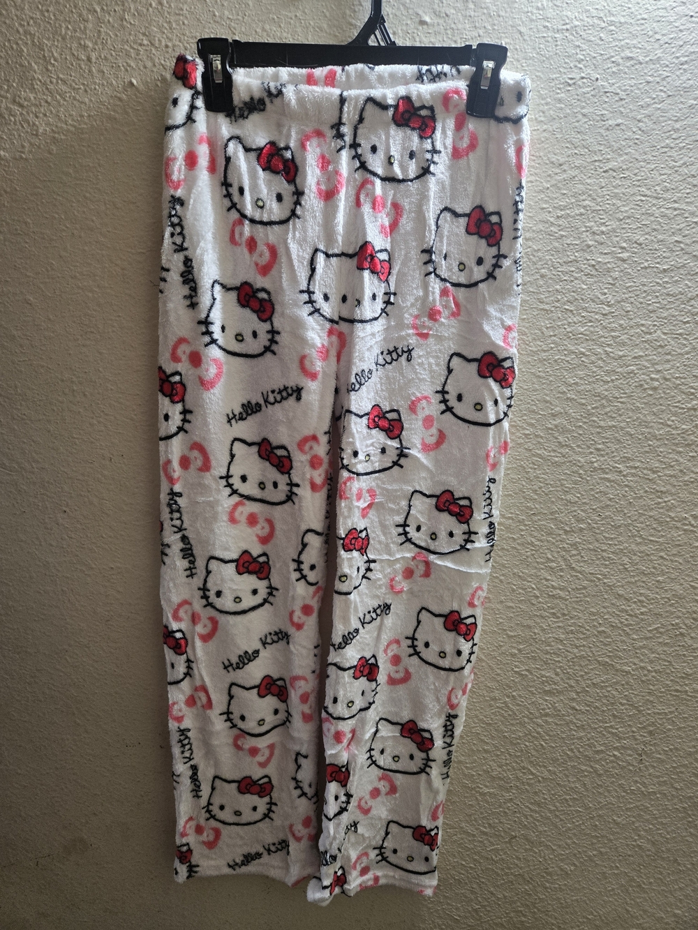 Hello Kitty White Plush Pajama Pants with Pink Bows and Black Outlines